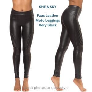 SHE & SKY women's moto biker Faux Leather Moto Leggings Very Black size MEDIUM